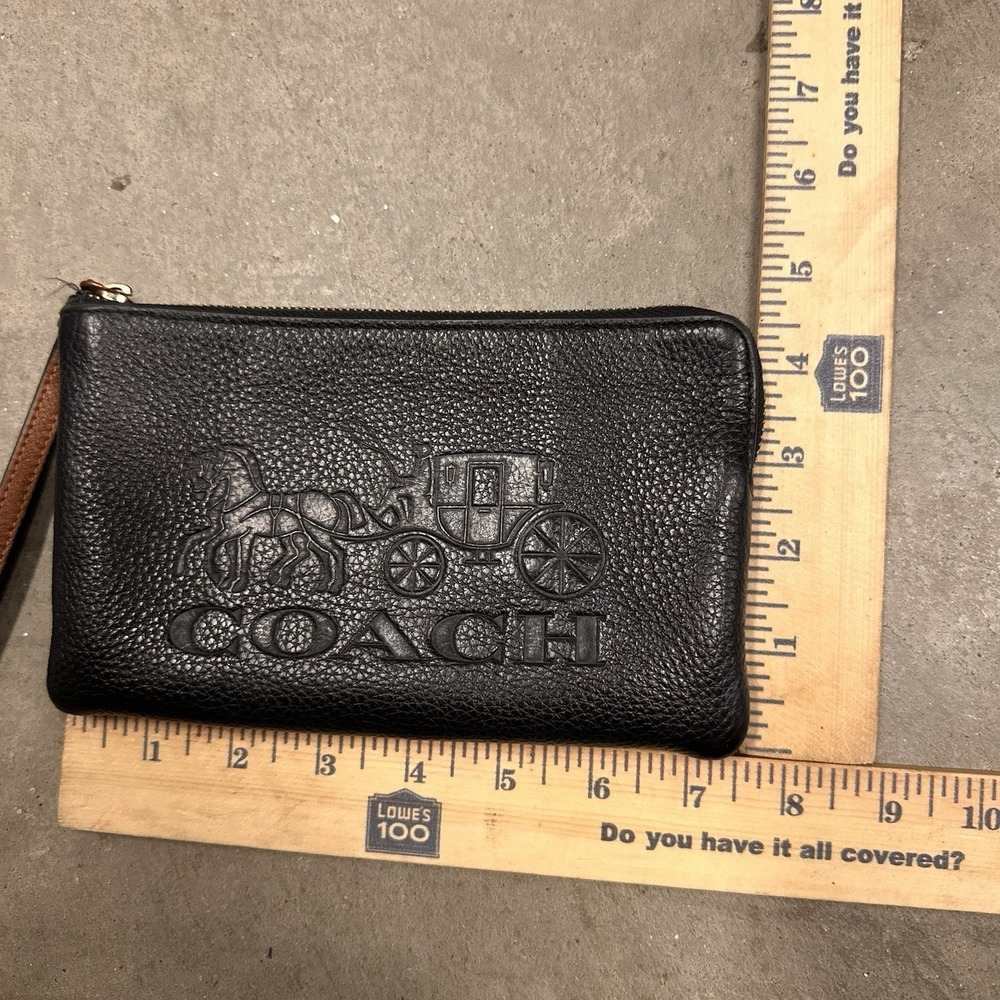 Coach Corner Zip Wristlet Wallet Embossed Logo Black Leather Carriage Large - Picture 8 of 8
